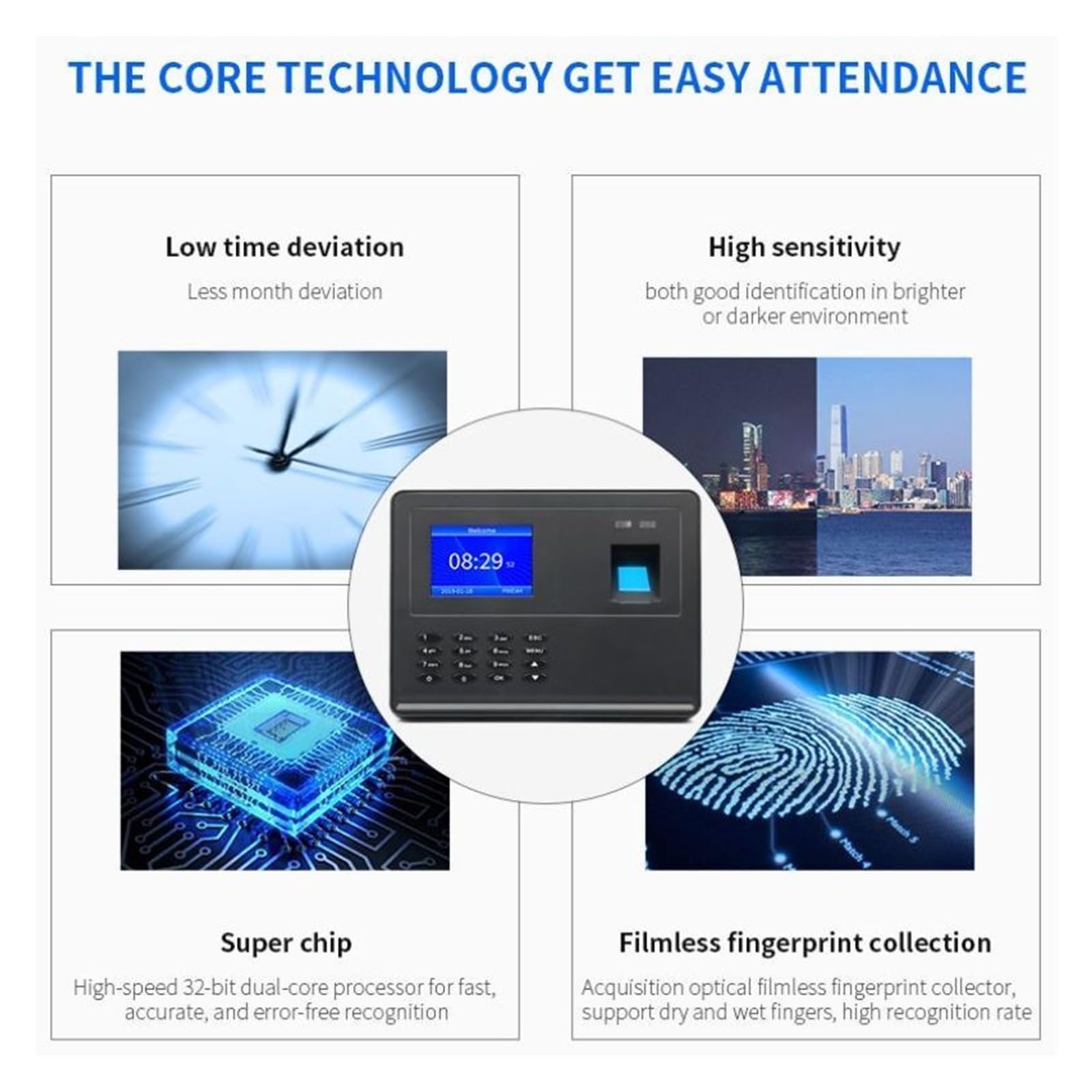 Impronta digitale Rilevazione presenze Macchina Password Scheda perforata Dispositivo Accesso al pendolarismo Generazione automatica di rapporti Download disco U Cronometraggio efficiente