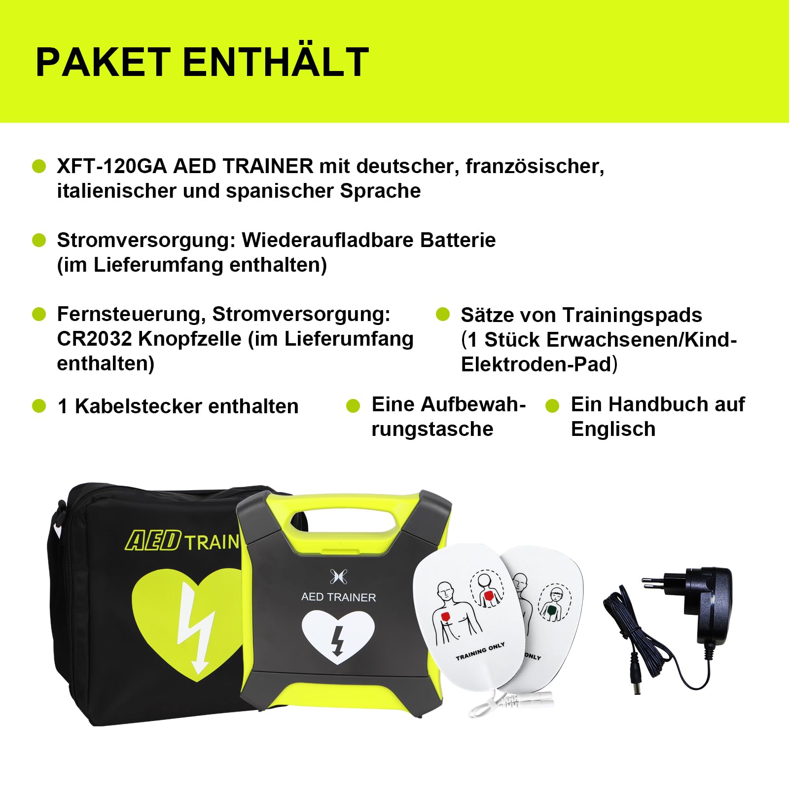 AED-Trainer XFT 120GA, Erste Hilfe Teaching Trainingsgerät, 8 Verschiedene Szenarien, Deutsch, Französisch, Spanisch und Italienisch Sprachansagen mit Fernbedienung