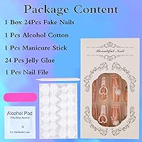 Vista 6 de Uñas postizas largas cuadradas a presión, uñas postizas con punta francesa con clavos, diseño de lazo, rosa, cobertura completa, uñas postizas extra