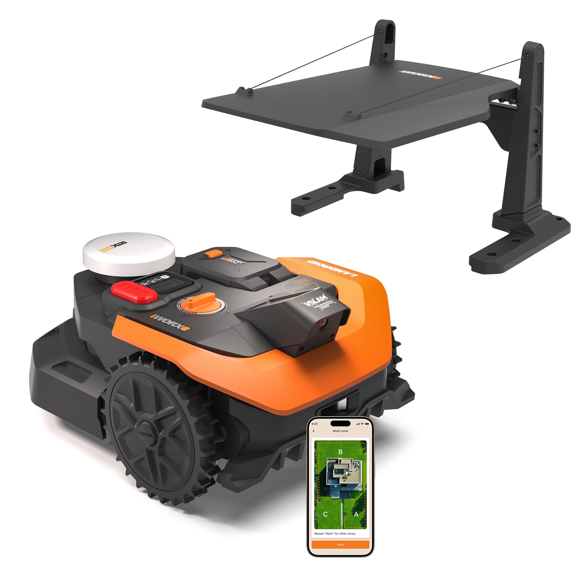 WORX Vision Cloud 2WD WR303E Robot tondeuse 300 m² sans fil périphérique + Garage (évitement d'obstacles par IA