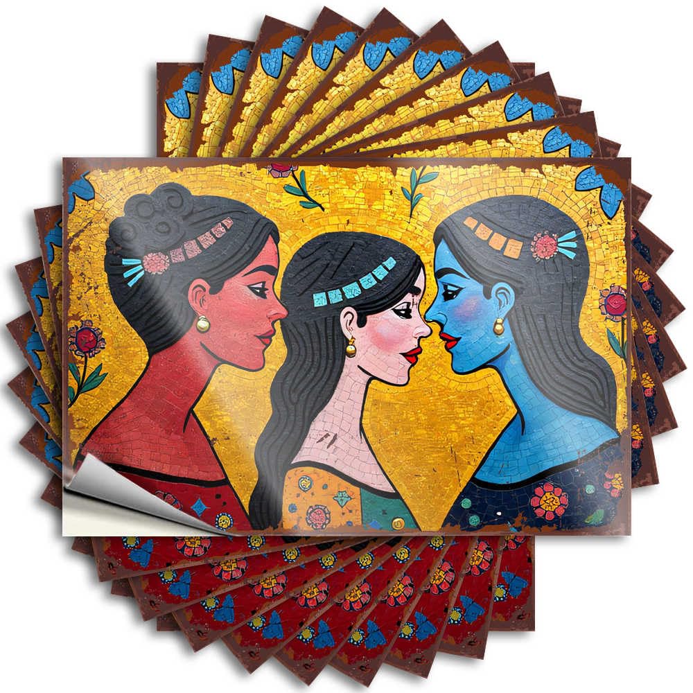 Fzfn Women's Colour Bumper Indie Waterproof Vinyl Sticker | Colorful Mosaic Portrait Of Three Facing Each Other Crazy Bottle For Interior Diy Projects(8X12cm)
