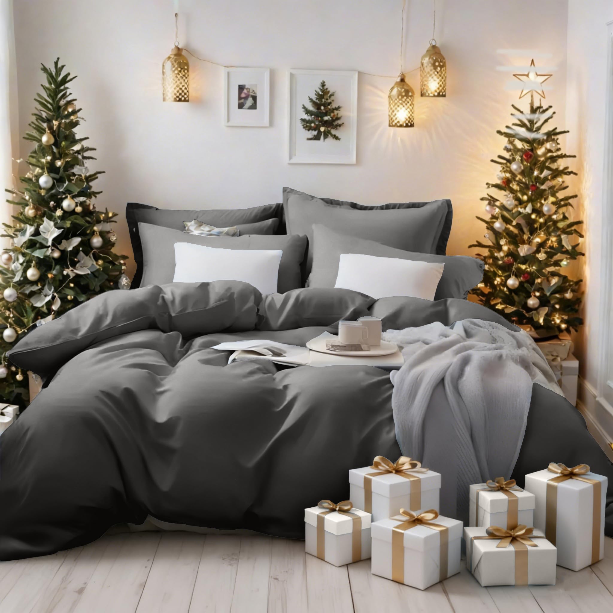MOHAP Bedding Double Duvet Cover Set 3 PCS Double Plain Brushed Microfiber Bedding 1 Duvet Cover with 2 Zippers and 2 Pillowcases Grey