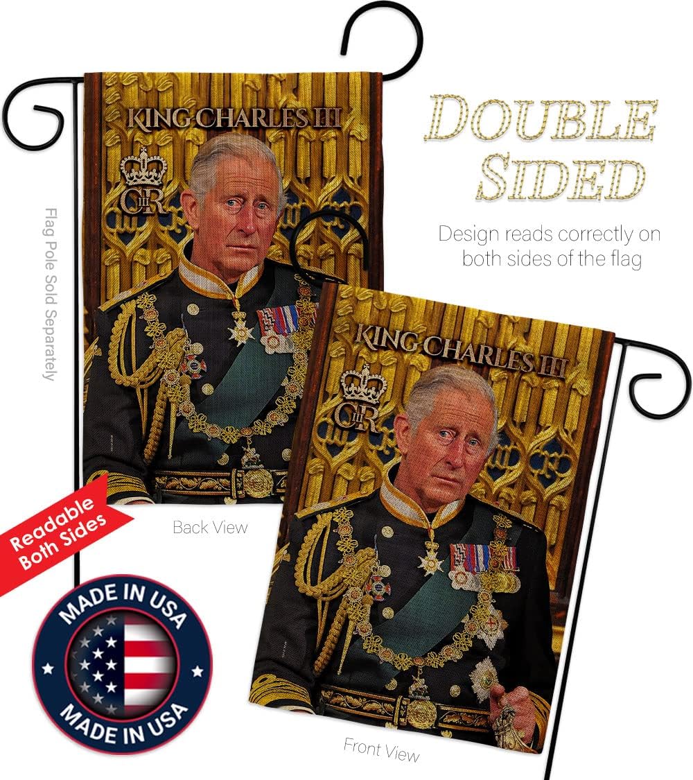 King Charles III Coronation Day Yard Signs Wall Decor American Flag Banner Pack Patio Porch Garden Outdoor Burlap Tapestry Party Decorations Souvenir UK United Kingdom Memorabilia Made in USA