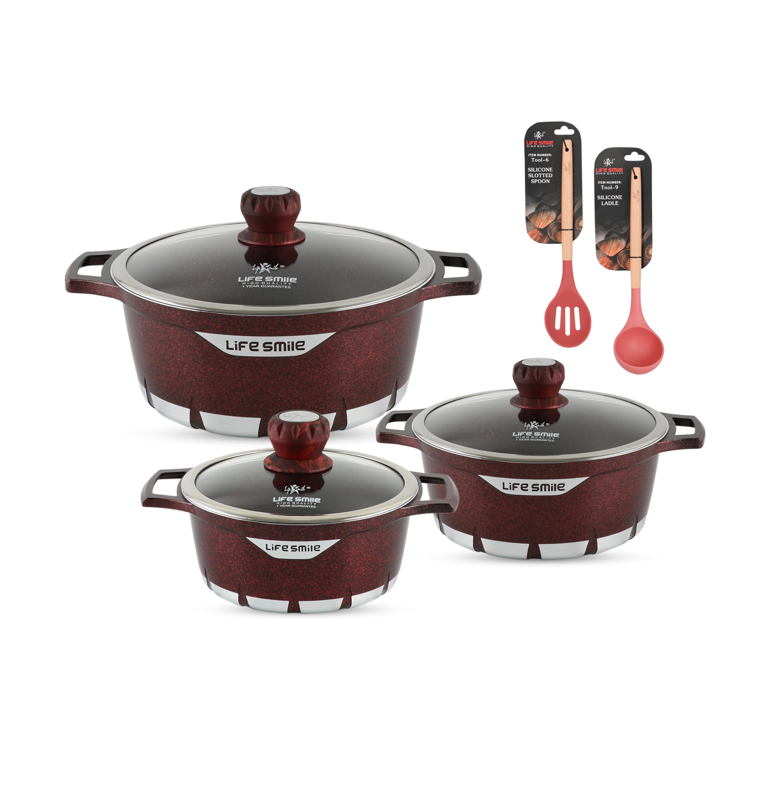 Cookware Set Granite Stone - LIFE SMILE Pots set Multi Layer Granite Non Stick Coating Cookware Sets 100% PFOA FREE, Kitchenware Cooking Sets (Red (16/20/24CM))