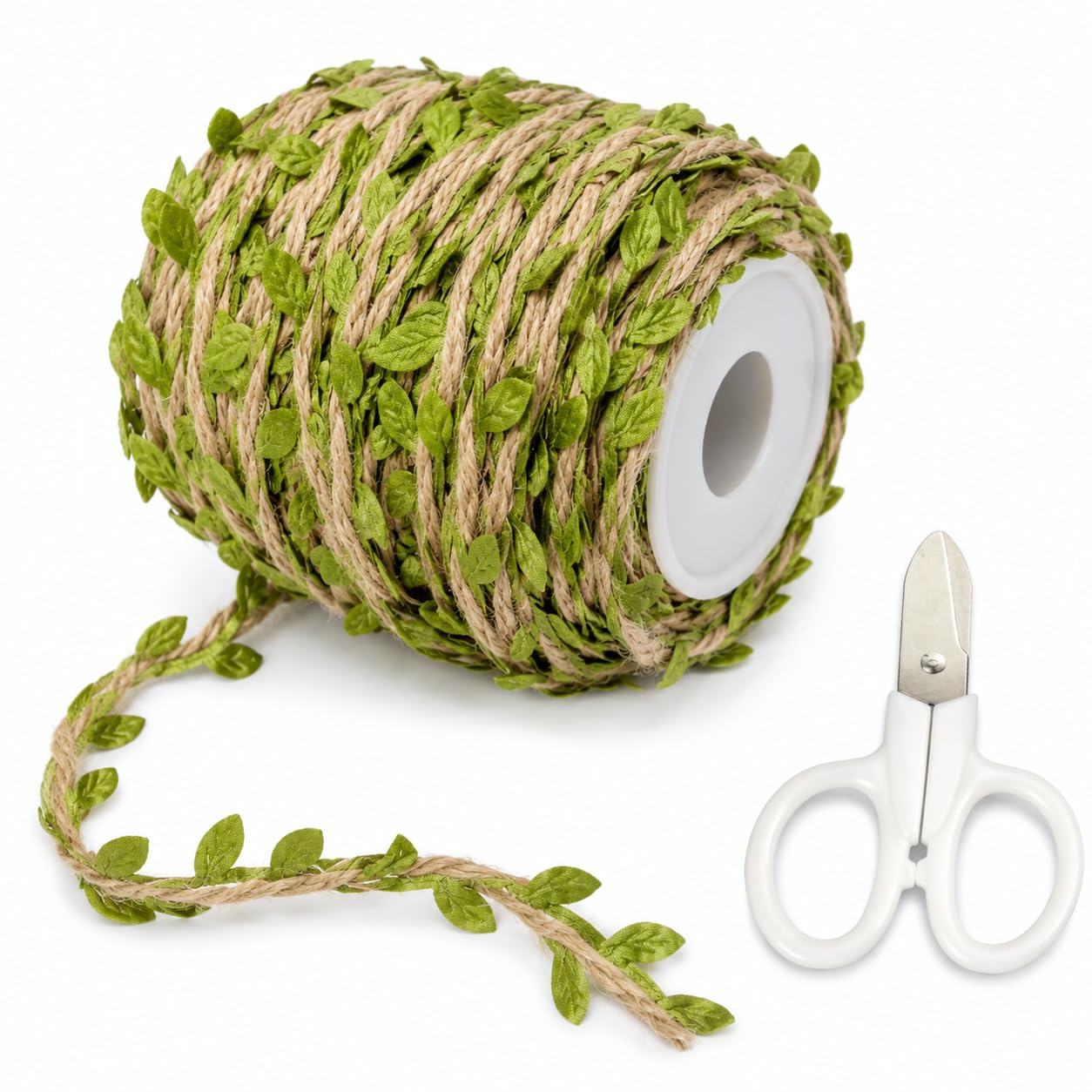 2PCS Green Leaf Jute Twine Set, 30m Decorative Rope with Mini Scissors