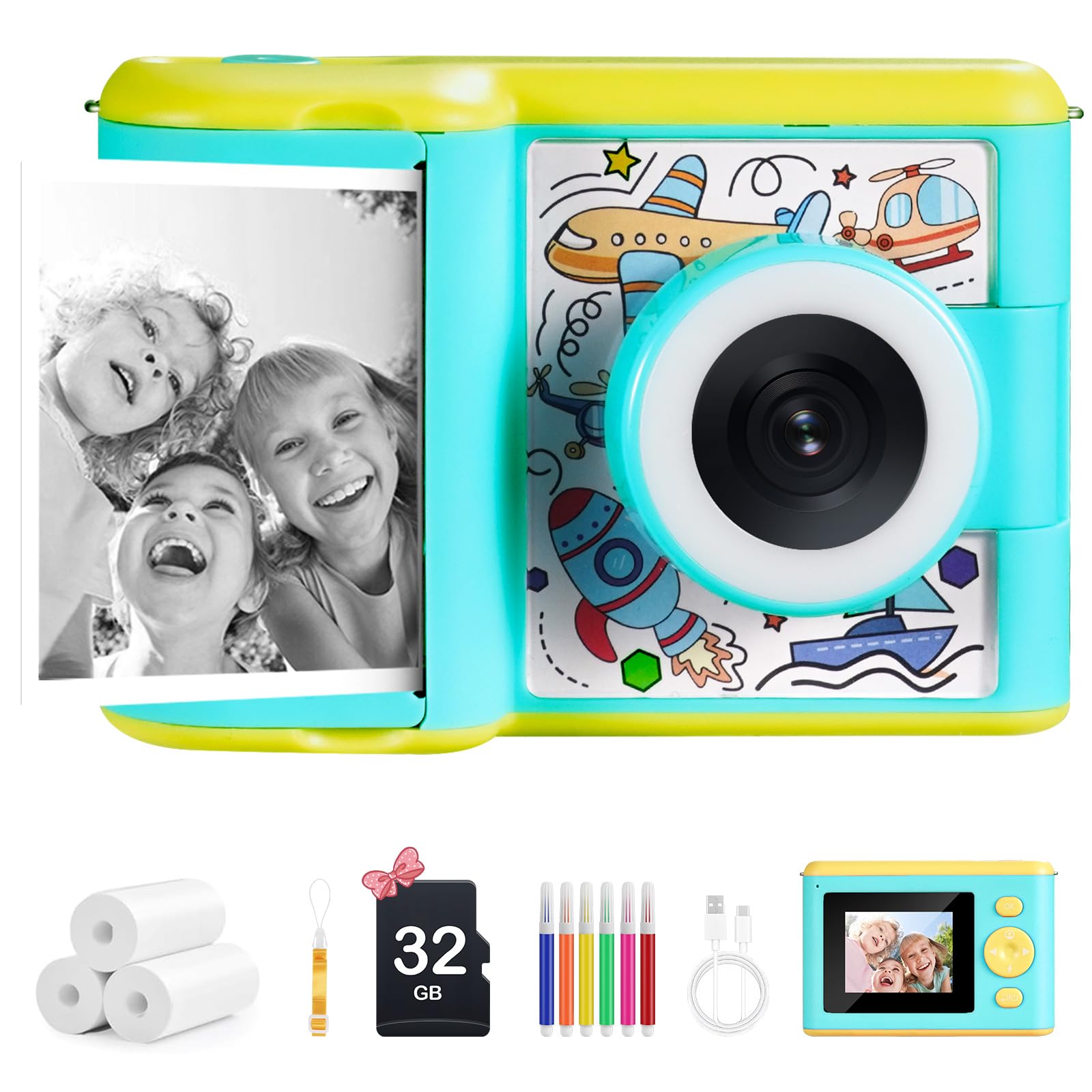 Macchina Fotografica Bambini Istantanea,Schermo IPS 2,4" Modalità Selfie e Video, 32 GB + 3 Rotoli di Carta Fotografica, Giocattolo Regalo per Natale/Compleanno Ragazze Ragazzi 3-14 Anni (Blu)