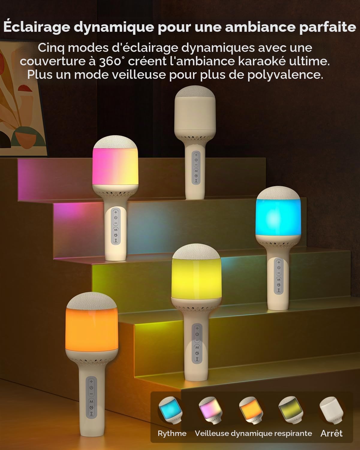 StageSound Micro Karaoké Bluetooth sans Fil, Microphone à Main avec Effets LED, 6 Modes Vocaux, Appairage Duo pour Chanter à Deux, pour Enfants et Adultes