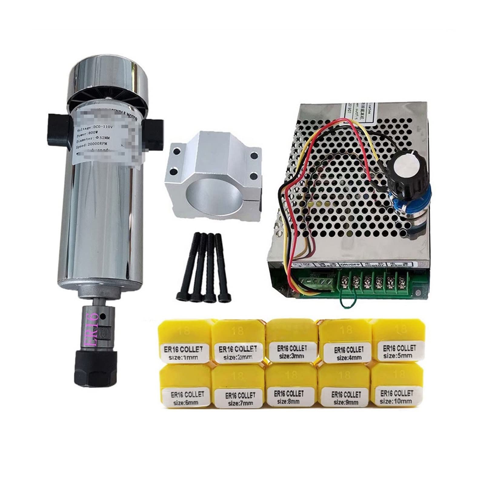 Motore mandrino, Air raffreddato 0,8kw. DC110V 20000RPM CNC. Kit Spindlemotor Kit ER16 / Chuck 800W Motore del mandrino/Motore di alimentazione Velocità for l'incisione(Package 6 ER16)