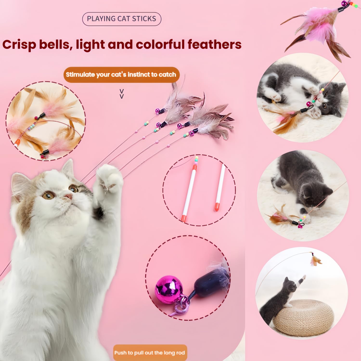 qixiang 3 Pcs Cat Wand Toy,Interactive Catcher and Exerciser Wand for Cats and Kitten Playing,with Bell for Indoor Cat - Image 4