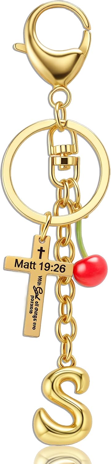 Jekvill Bubble letter keychain with Cross & Cherry - Initial Keychain Gold Letter S Bag Charms for Women, Cute Purse Handbag Accessories