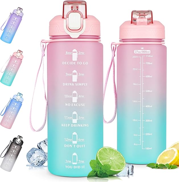CodiCile Water Bottle with Straw, 800ml Sports Water Bottle with Motivational Time markings & Handle,Leakproof Drinking Bottle with BPA Free Lid for Teenager, Adult,Gym Office Cycling ( Pink Green)