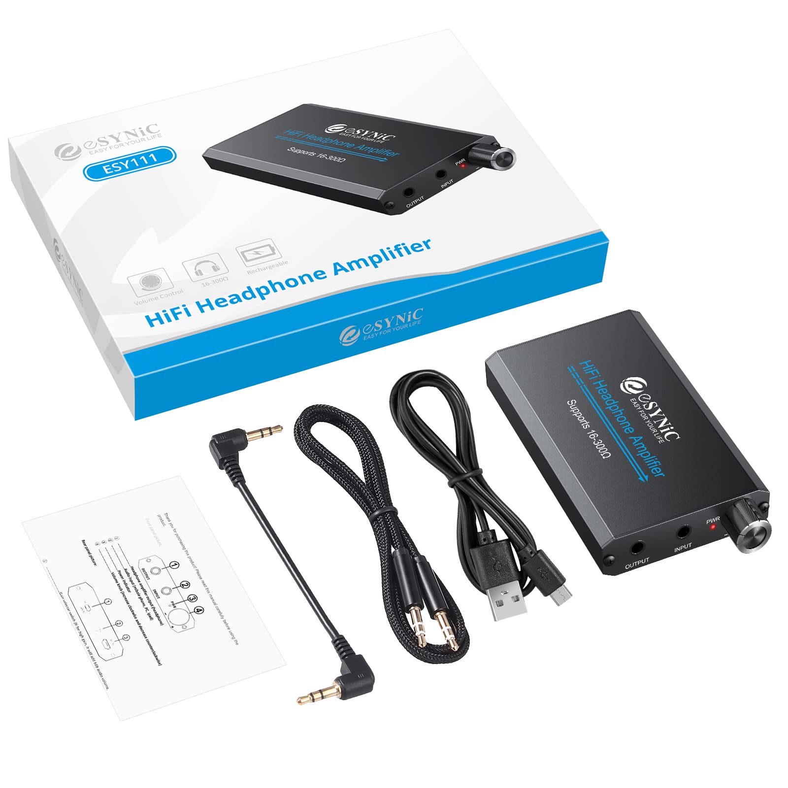 eSynic Ampli Casque Amplificateur Audio Professionnel Amplificateur Portable（Épaisseur 1,8 cm）Interface Stéréo 3,5 mm pour Lecteur MP3 Smartphone Ordinateur Portable avec câble d'alimentation USB-Noir