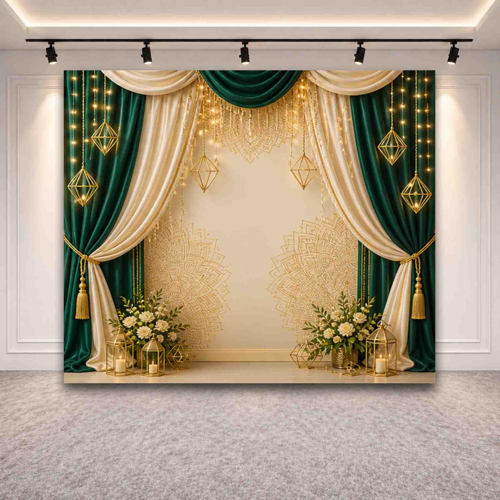 DHARA CREATION Royal Green Glamour Backdrop Cloth 8x8 ft – HD Printed Polyester Backdrop Cloth for Decoration Pooja with Curtain Rod Loop |-picture-28