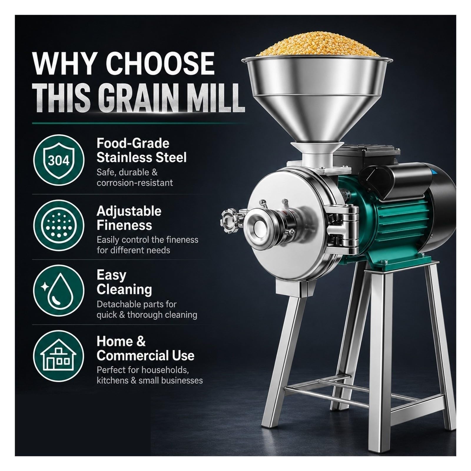 Macinino per cereali elettrico da 3000 W. per mais in acciaio inossidabile umido e secco,Polverizzazione fine