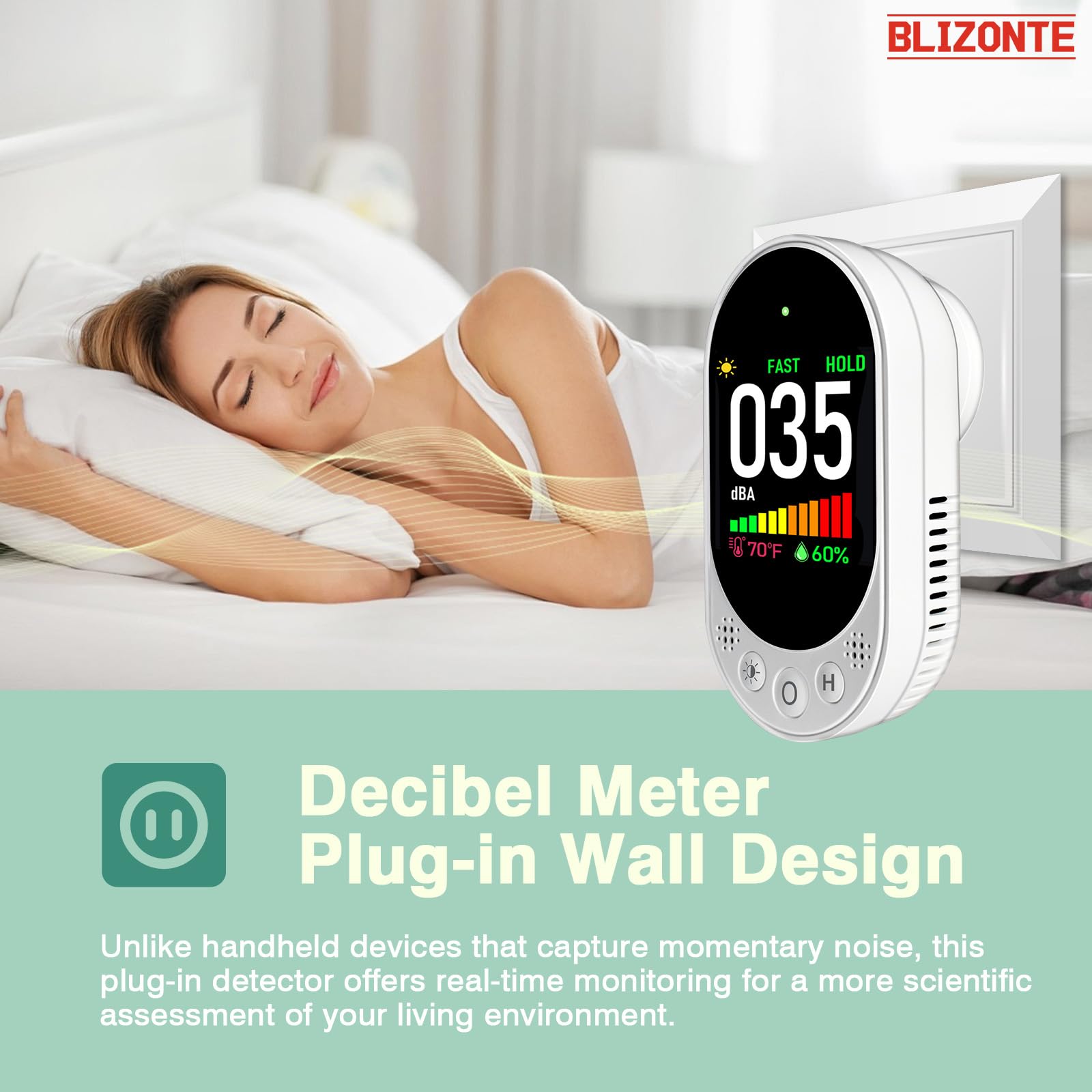 Decibel Meter Plug-in Wall, 3-in-1 Noise Detector(Noise,Temp and Humidity) with Fast/Slow Refresh Rate, MAX/MIN and Data Hold, 30–130 dBA Decibel Range for Rentals, Home, Classroom, Library — Amazon image 3