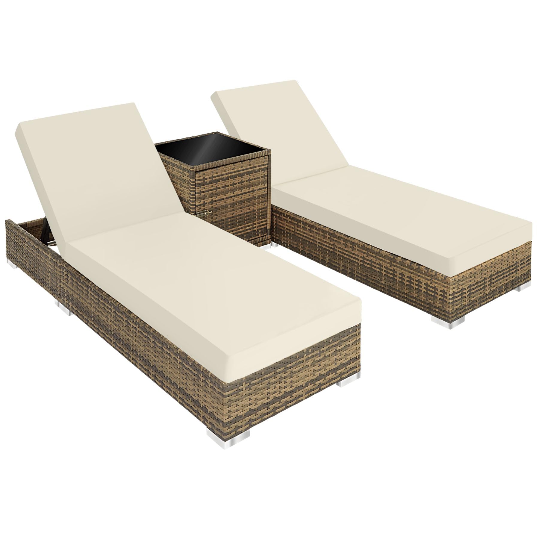 TecTake® Set 2 Tumbonas de Ratán y Aluminio + Mesa Jardín, Tumbonas Piscina Respaldo Regulable, Tumbonas Playa Resistente a la Intemperie, Fácil Limpieza, Funda Protectora - marrón