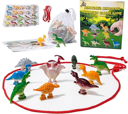 Juego de ajedrez magnético de dinosaurio, juegos de imanes de dinosaurio con cuerda, 20 dinosaurios magnéticos, bolsa de almacenamiento portátil,