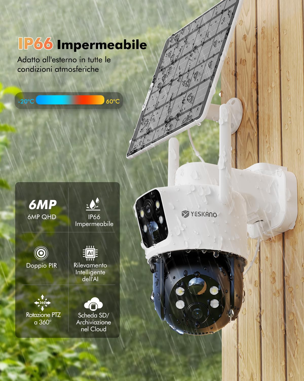 YESKANO Telecamera Wi-Fi Esterno, 6MP Videocamera Sorveglianza con pannello solare, PTZ Telecamera Wifi Esterno Senza Fili con Doppio Obiettivo e Doppio PIR a Batteria, 2.4GHz, IP66, Supporta Alexa