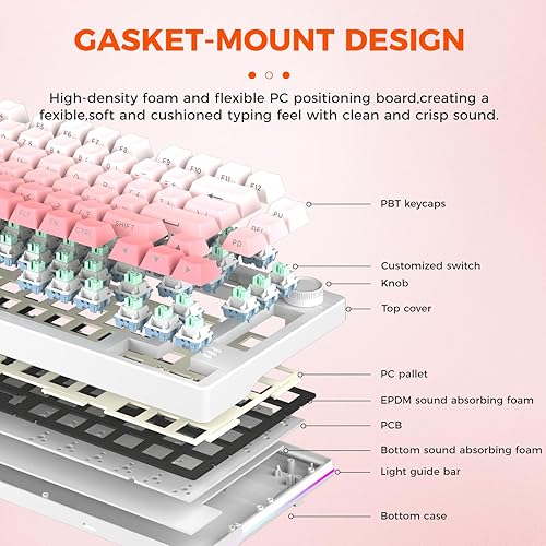 Miniatura 3 de DAREU EK75PRO - Teclado mecánico inalámbrico rosa Sakura, 75% de intercambio en caliente cremoso para juegos con perilla, retroiluminación RGB,