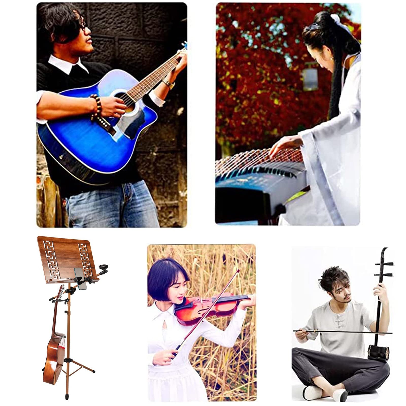Atril con soporte para teléfono y micrófono, atril de metal plegable para partituras, atril para orquesta, se puede utilizar como atril de lectura y el atril tiene una base engrosada (madera de