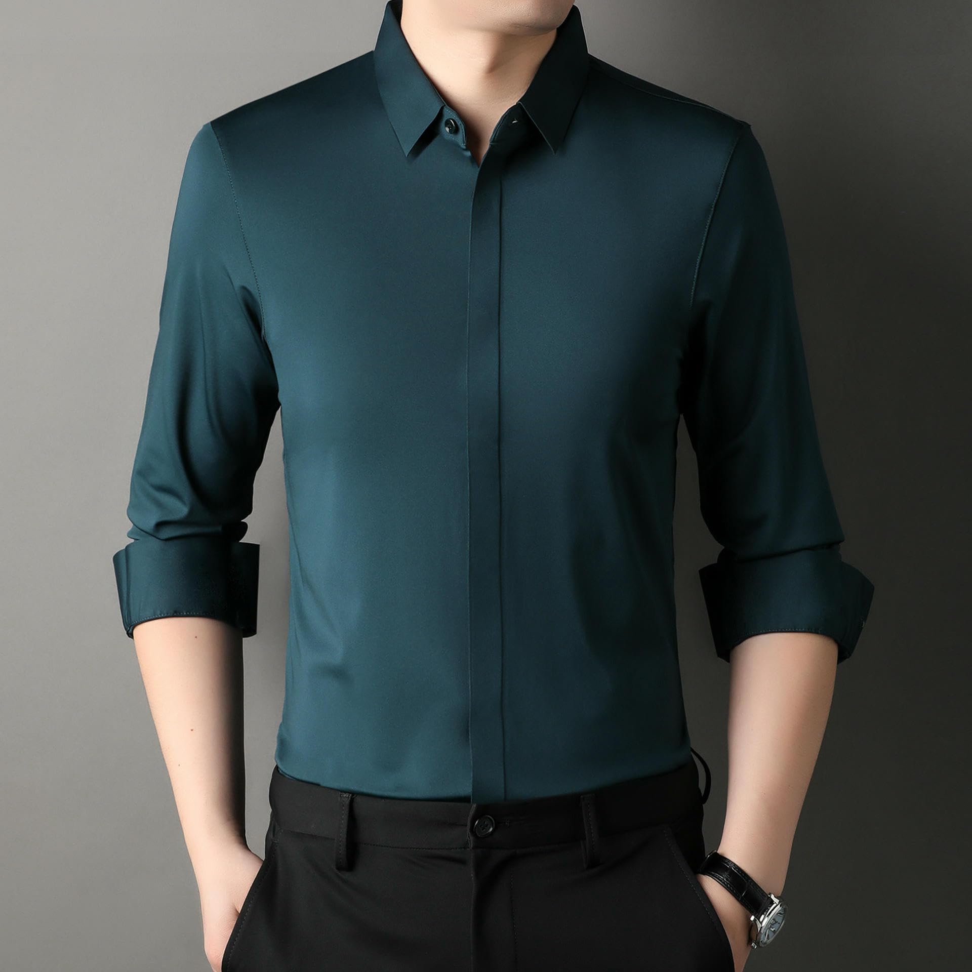 Camicia a maniche lunghe da uomo, tinta unita, slim fit, abbottonatura nascosta, senza pieghe, casual, traspirante, con bottoni