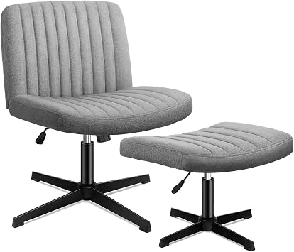 ELFORDSON Cross Legged Office Chair with Footstool, Wide Seat Armless Desk Chairs No Castors, Criss Cross Chair Mid-back Chair for Home Office Lounge, Height Adjustable 360  Rotatable, Linen, Grey