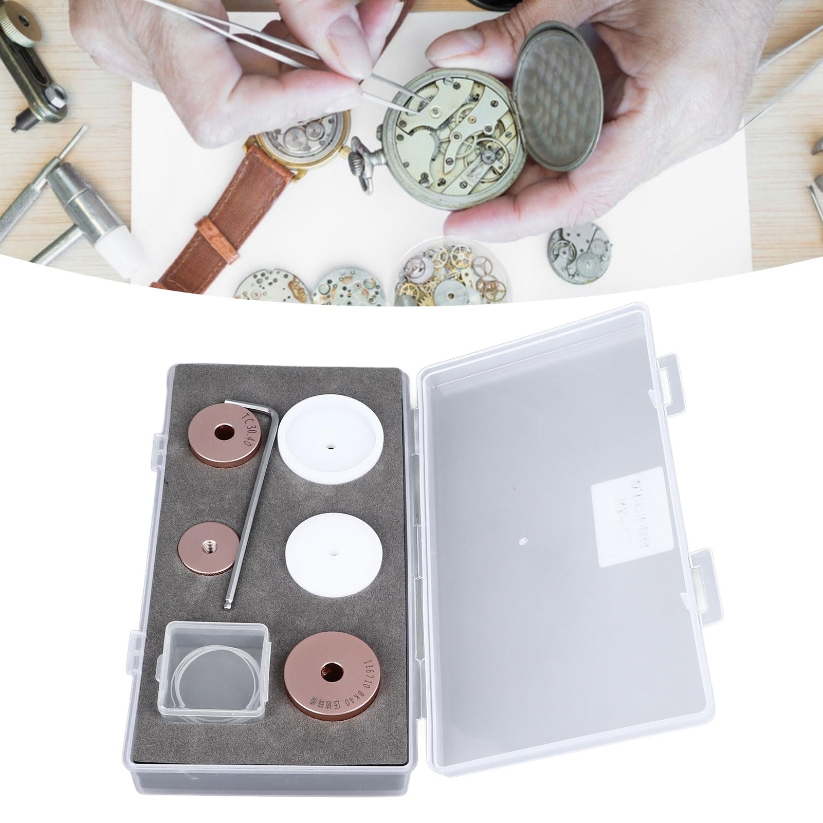 Juego de prensa para relojes, 5 tamaños, kit de reparación profesional, herramienta de prensa para caja trasera de reloj con 5 matrices para cerrar cajas de reloj a presión, material ABS y metal por