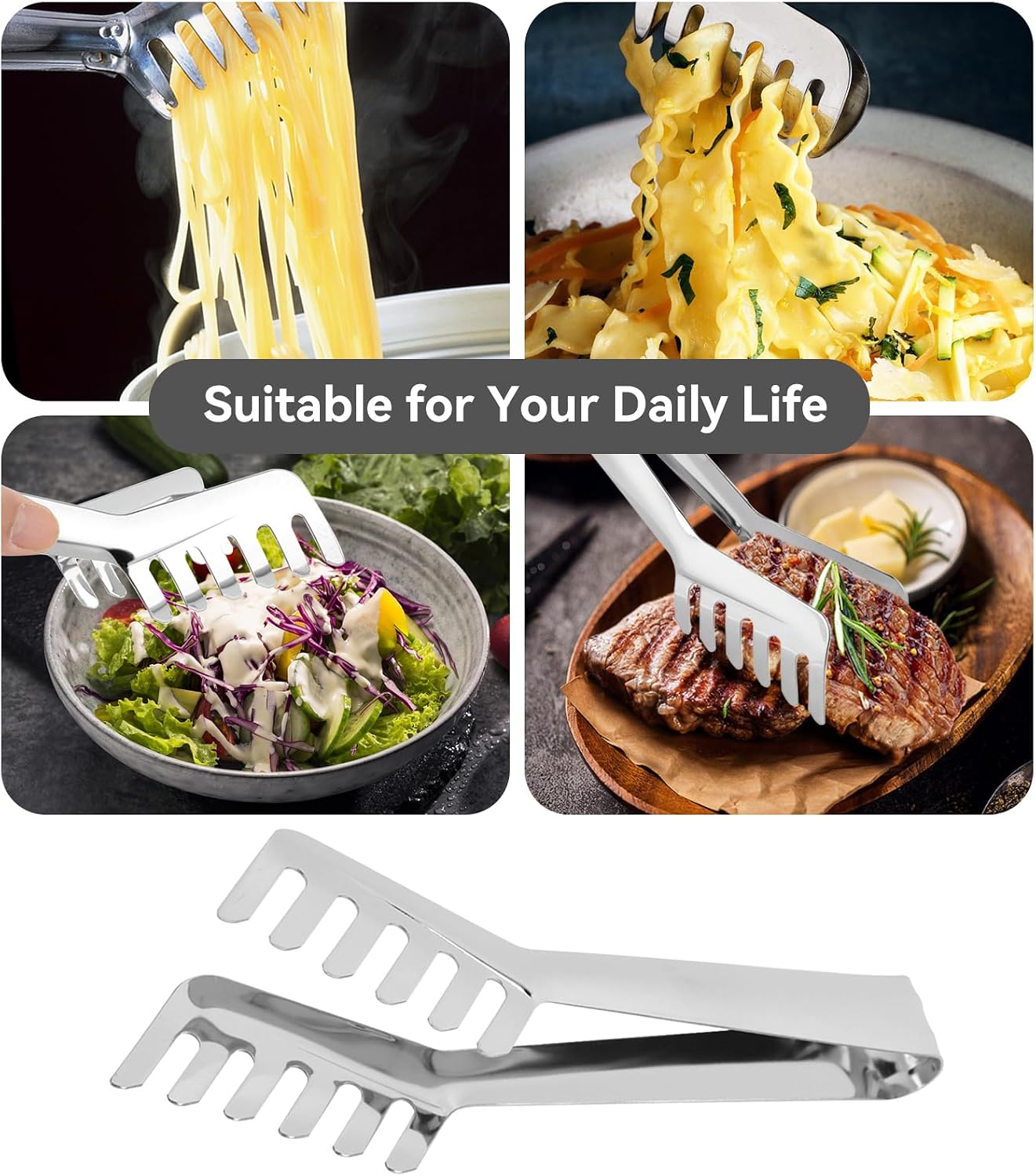 2PCS Spaghetti Tongs for Serving Pasta, Pasta Serving Tongs Stainless Steel Kitchen Cooking Tongs Comb Shaped Food Clip for Pasta Noodles BBQ Buffet, Dishwasher Safe