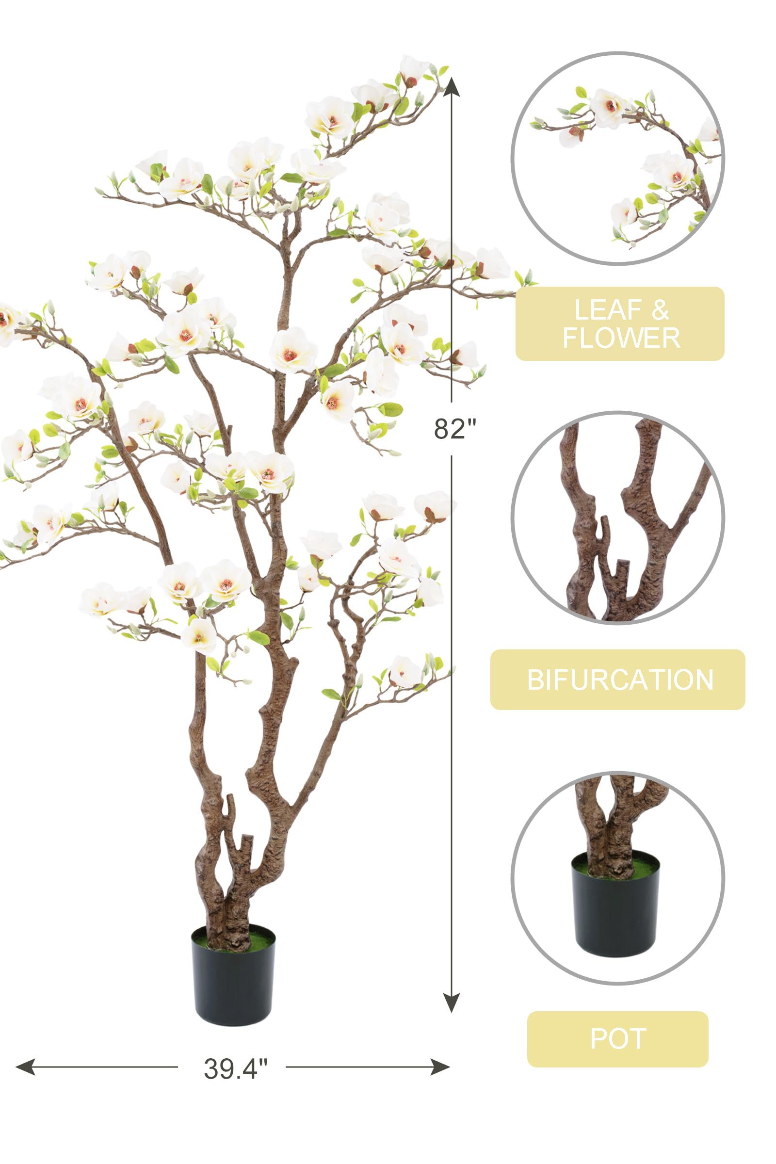 Fuxdre Artificial Magnolia Tree, 6.8FT Tall Fake Indoor Tree, Realistic Real Touch Leaves and Flowers Perfect for Indoor Decor, Living Room, Door, Office and Hotel Decor (White)