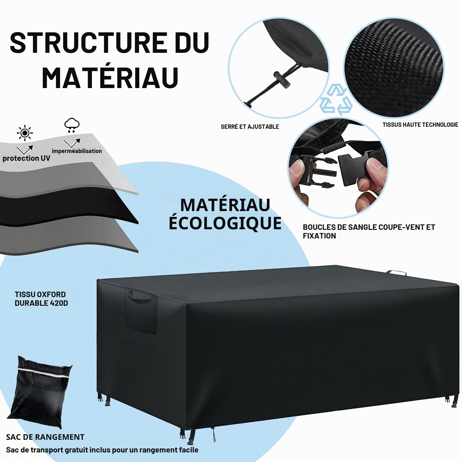 Housse Salon de Jardin, Housse Exterieur Imperméable Anti-UV 420D Tissu Oxford, Noir 300x250x100 cm