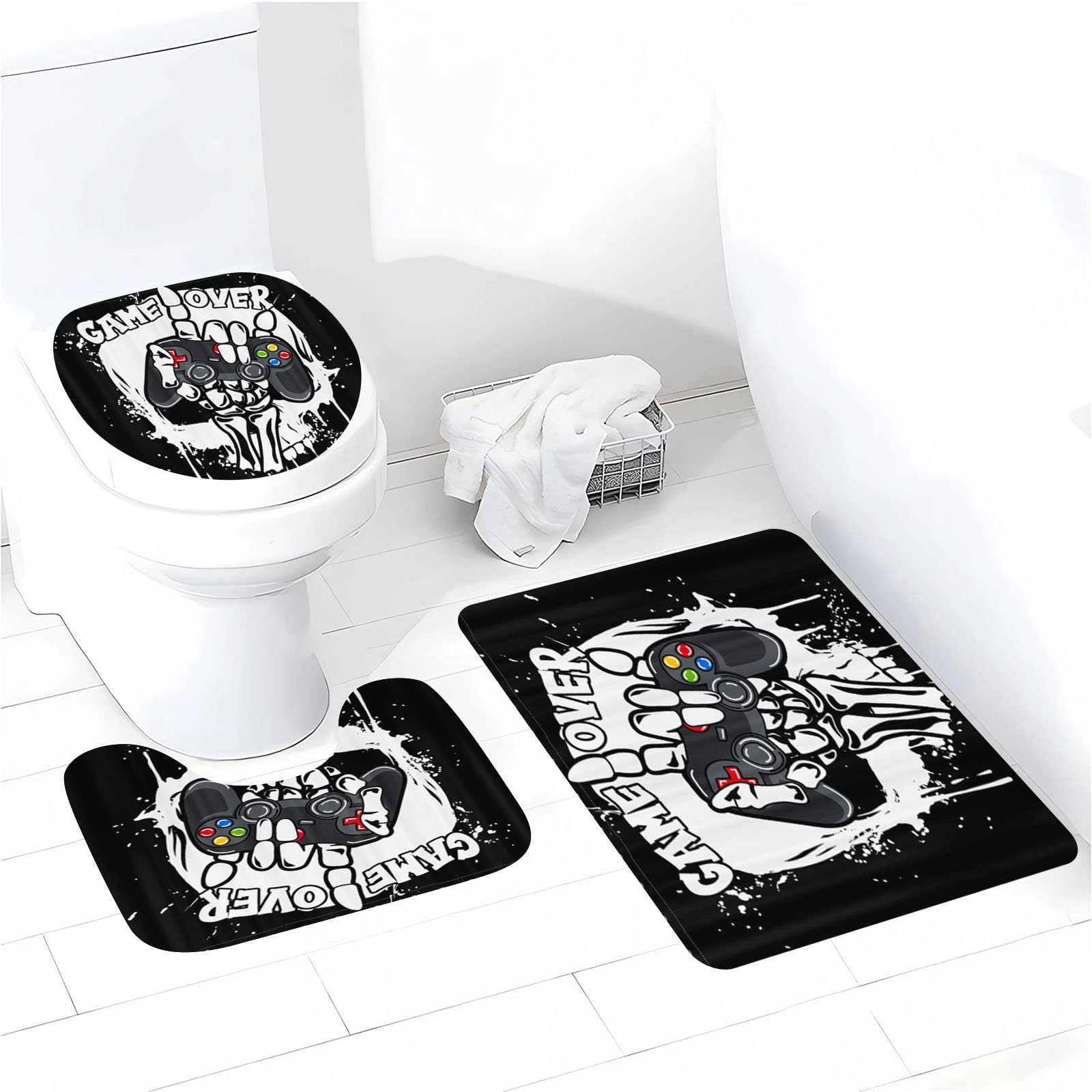 Gaming Controller Duschvorhang, Gaming-Duschvorhang-Set Gaming Duschvorhang 180x200 Gamer GamingTextil Duschvorhänge Badezimmerteppich 4-teiliges Set (4,200 x 200 cm)