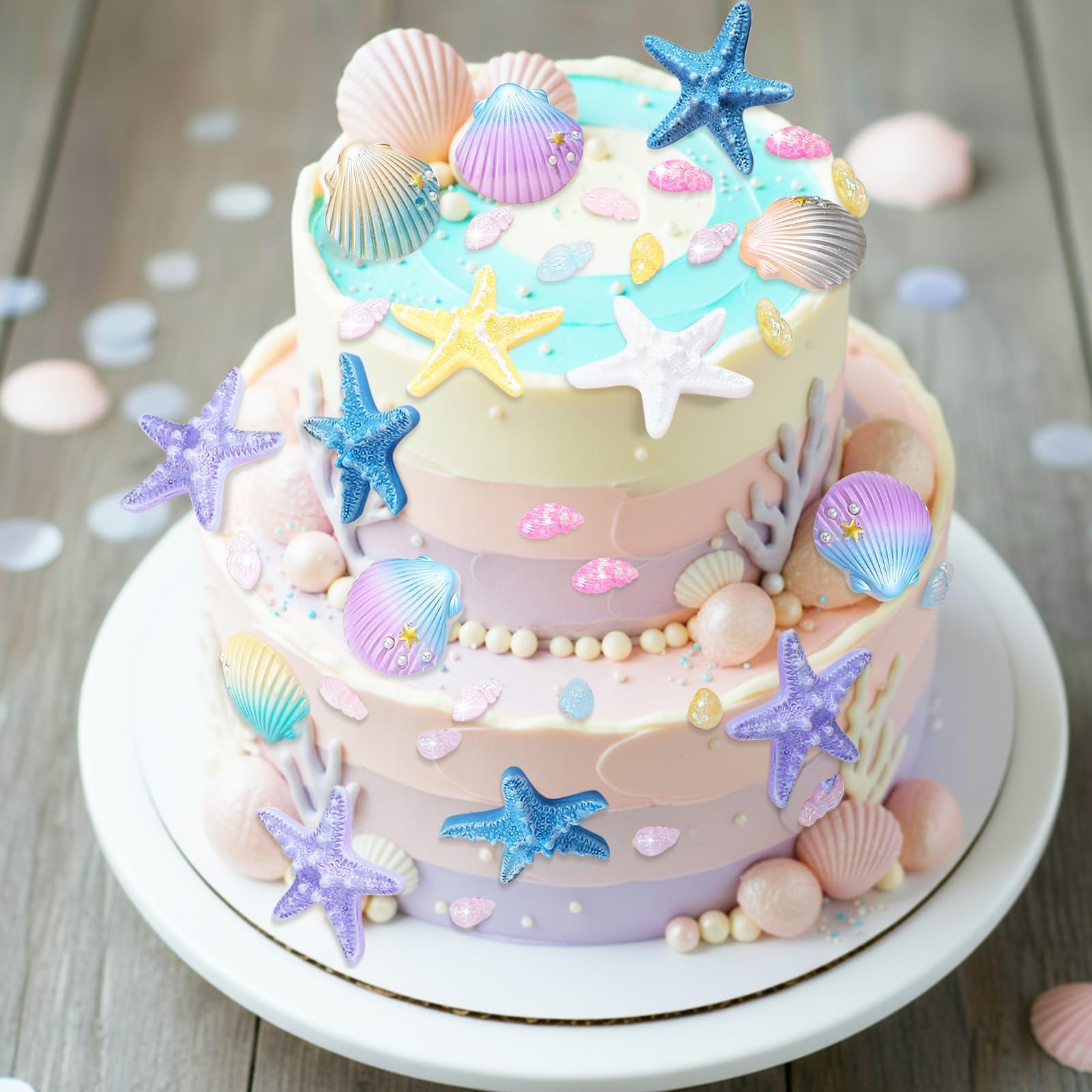 Kathfly 30 Pieces Sea Ocean Theme Seashells Cake Topper Starfish Conch Sea Creature Ocean Cake Decorations for Summer Theme Party Decorations Birthday Party Supplies
