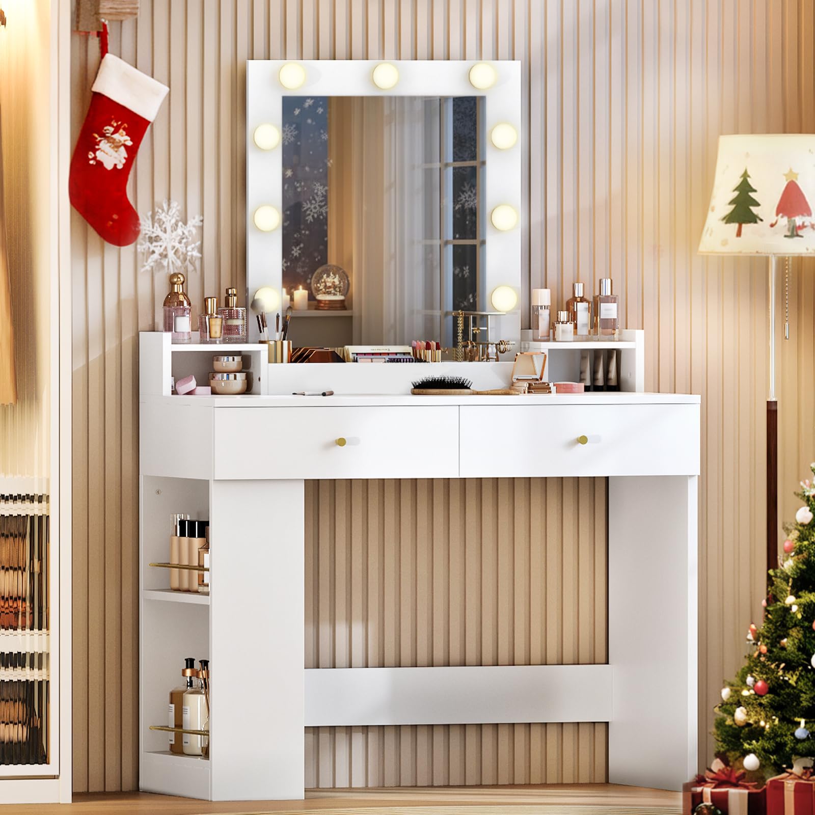 RALGEND Toeletta Trucco con Specchio e LED Regolabili, Postazione Trucco da Bianca con Cassetti e Scomparti Aperti, Tavolo per Camera da Letto e Spogliatoio, Bianco
