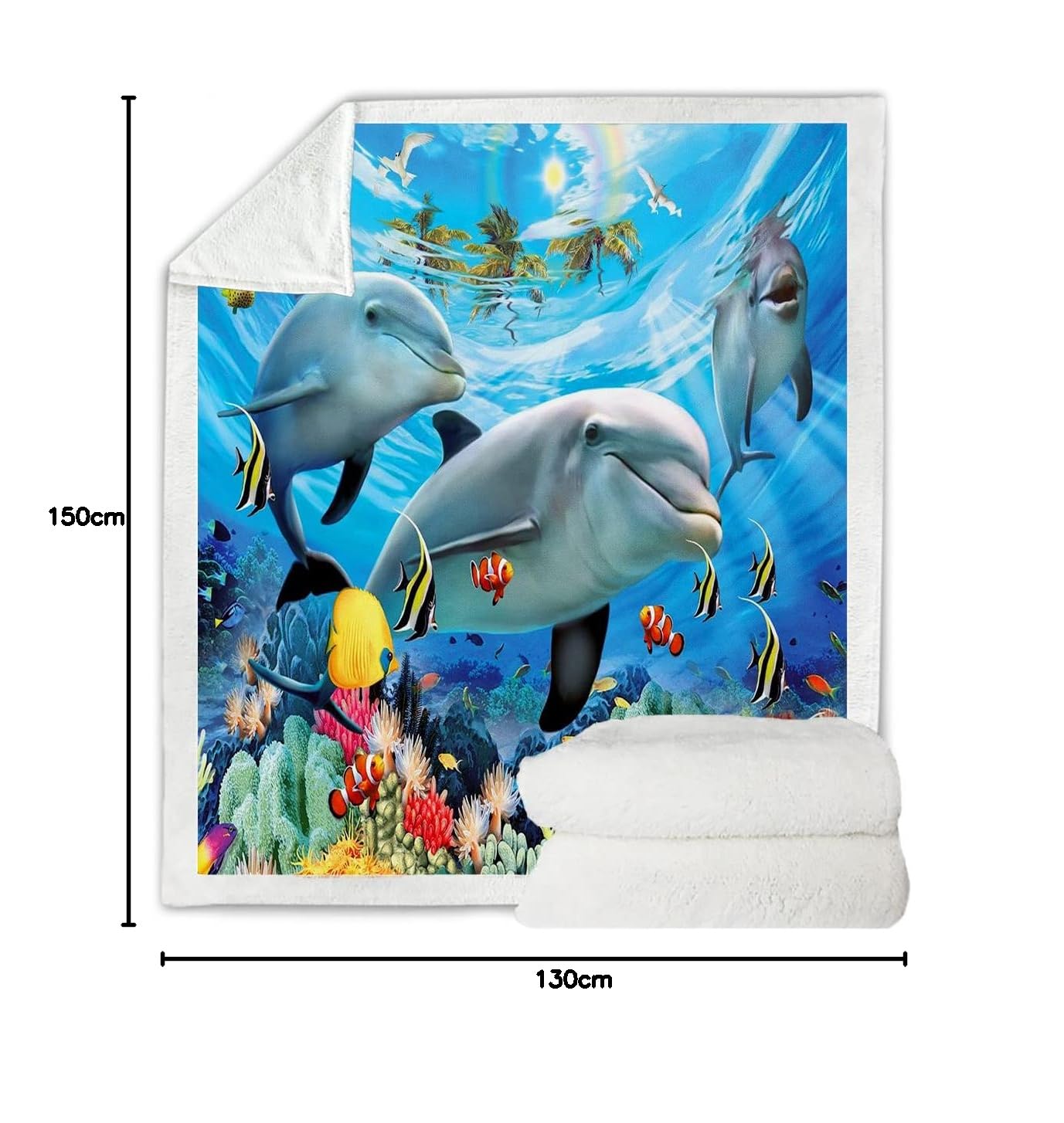 Lunoroey Couverture pour enfant imprimée dauphin, douce et moelleuse, en sherpa en peluche, pour canapé, lit, sofa, 130 x 150 cm