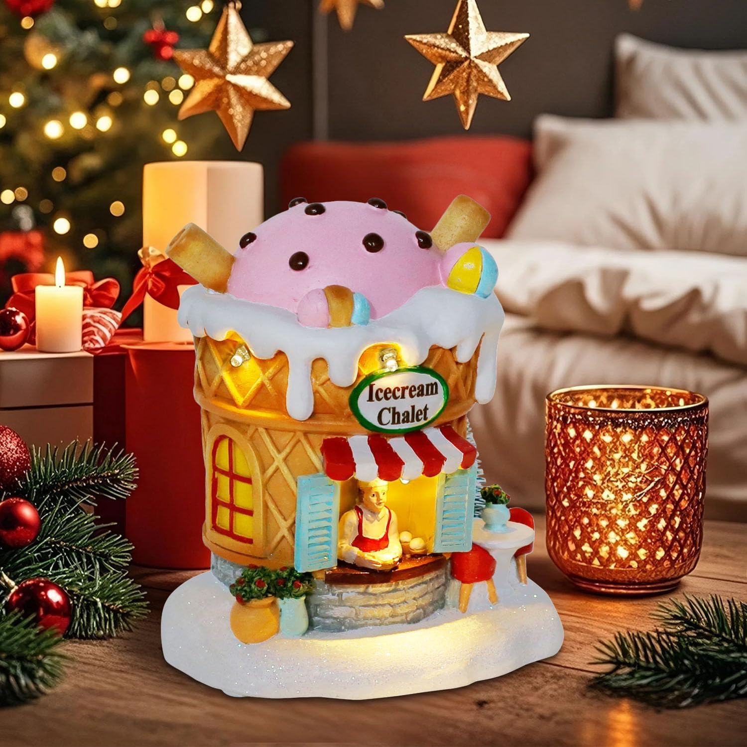 innodept12 Light-Up Gingerbread Village House Christmas Decor – Ice Cream Chalet Collectible Shop Figurine for Indoor Holiday Home Decoration