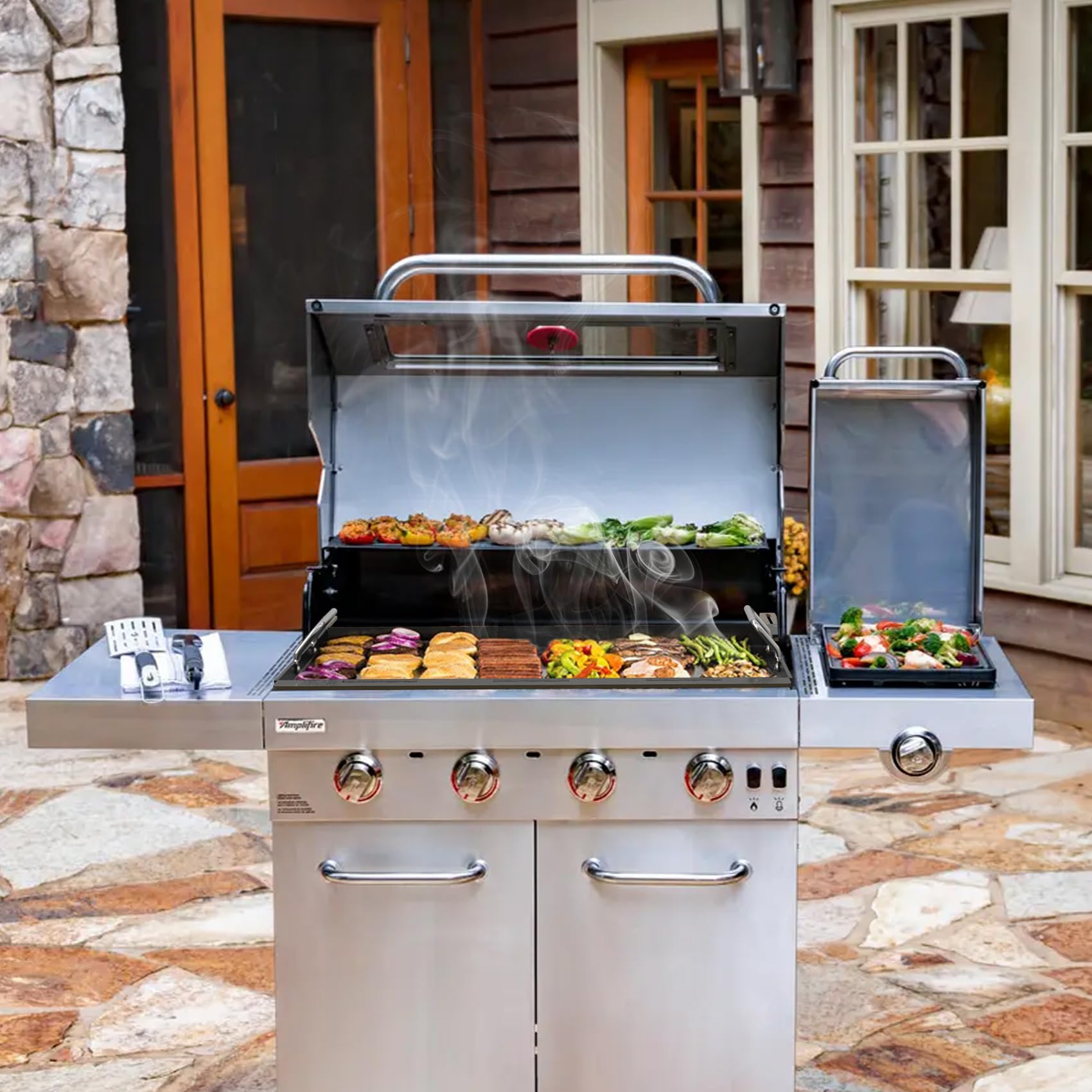 Onlyfire Płyty grillowe do większości 4-palnikowych grillów gazowych, uniwersalna płyta grillowa do Weber, Rösle, Royal Gourmet, Enders, Taino, Napoleon, płyta grillowa z chowanym stojakiem