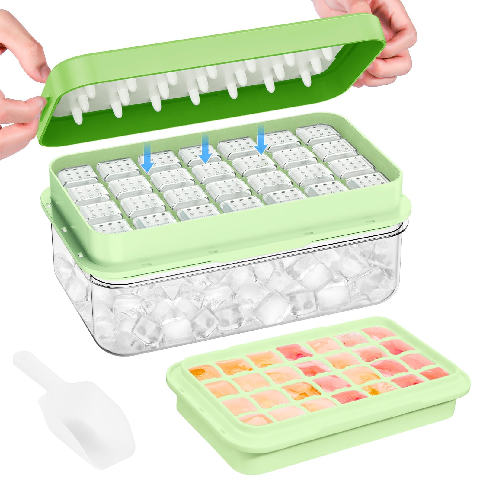 Ice Cube Tray with Lid and Bin, 28 pcs Ice Cubes Molds, Ice Trays for Freezer, Ice Cube Tray Mold, with 1 tray, Ice Freezer Container, Spill-Resistant Removable Lid & Ice Scoop, for Whiskey,Cocktail