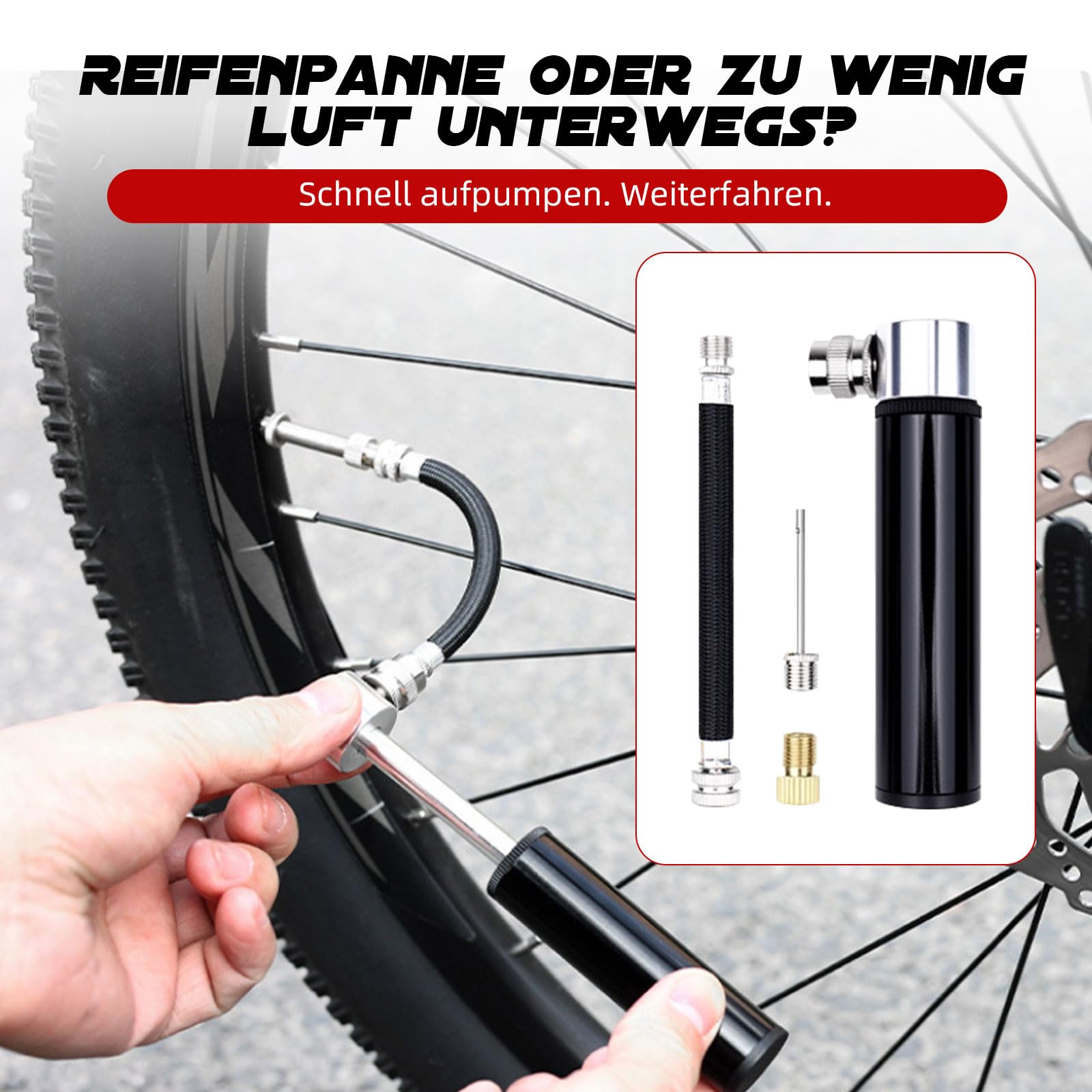 Fahrrad Reparaturset mit Mini Pumpe, Ratschen-Schlüssel, 10 Bits, Reifenflickset & Werkzeugtasche – Fahrrad Notfallset für unterwegs (AV-Ventil mit Presta Adapter) (Schwarz)