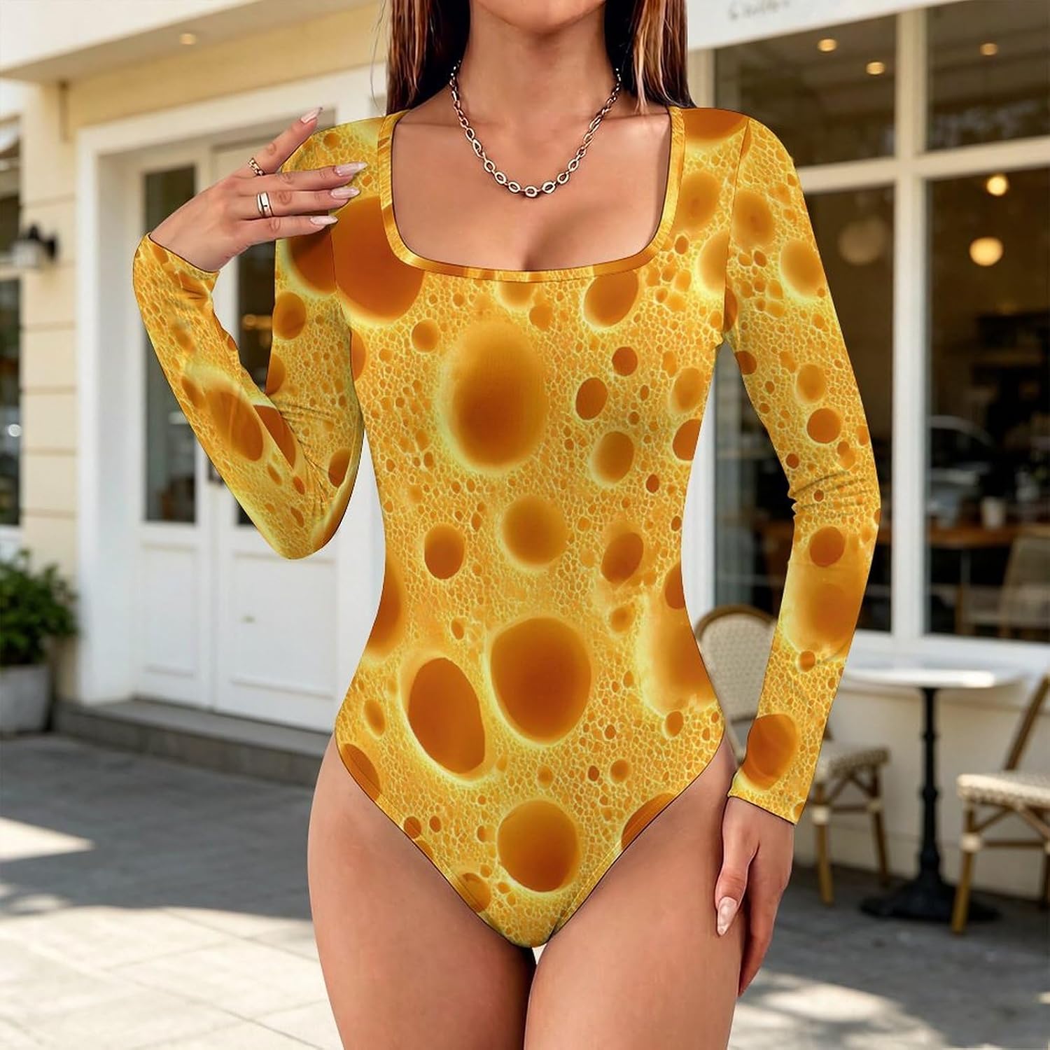 Funny Food Cheese Pattern Women's Bodysuits Long Sleeve Top 5XL