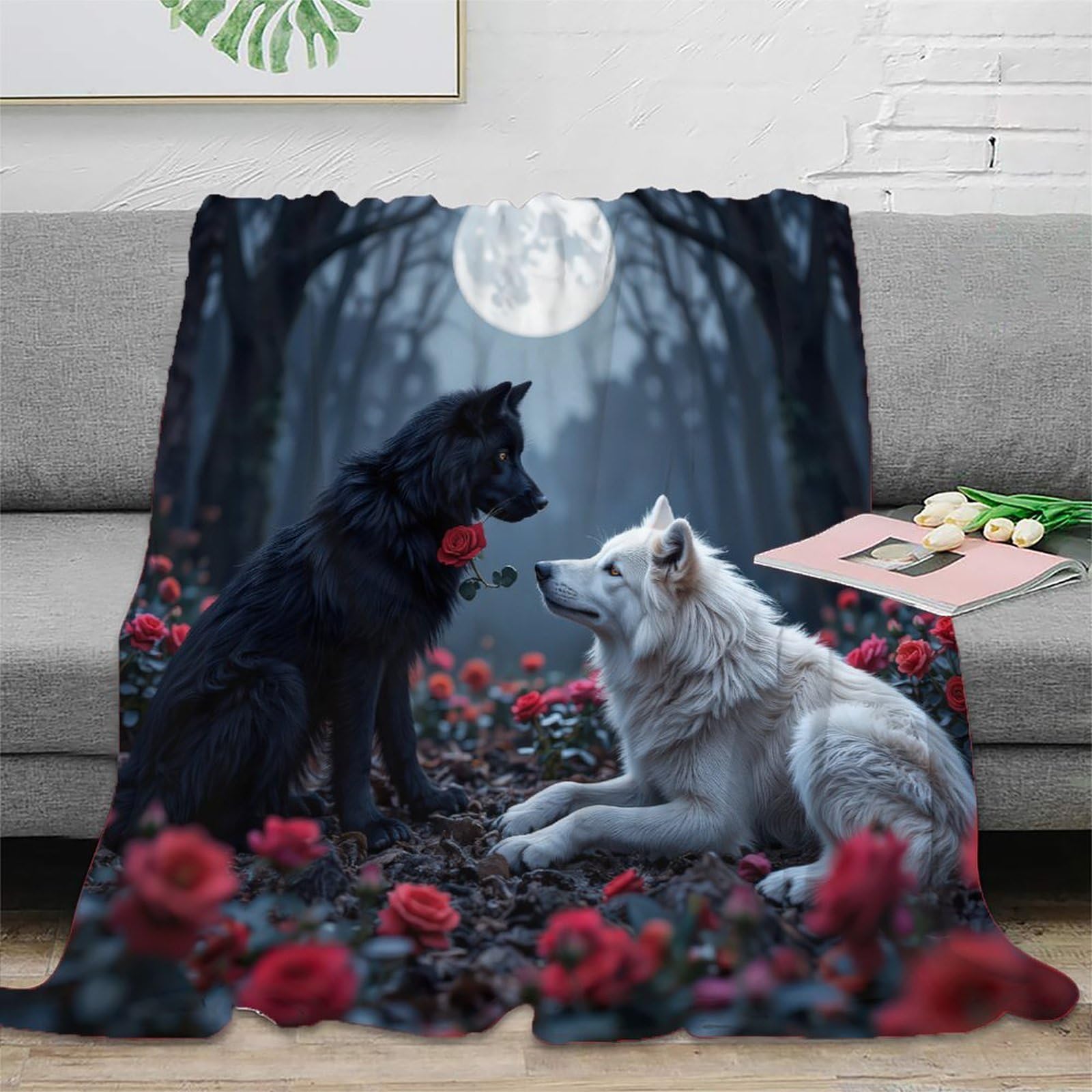 Couverture loup 3D en microfibre noire 150x200cm pour lit et canapé