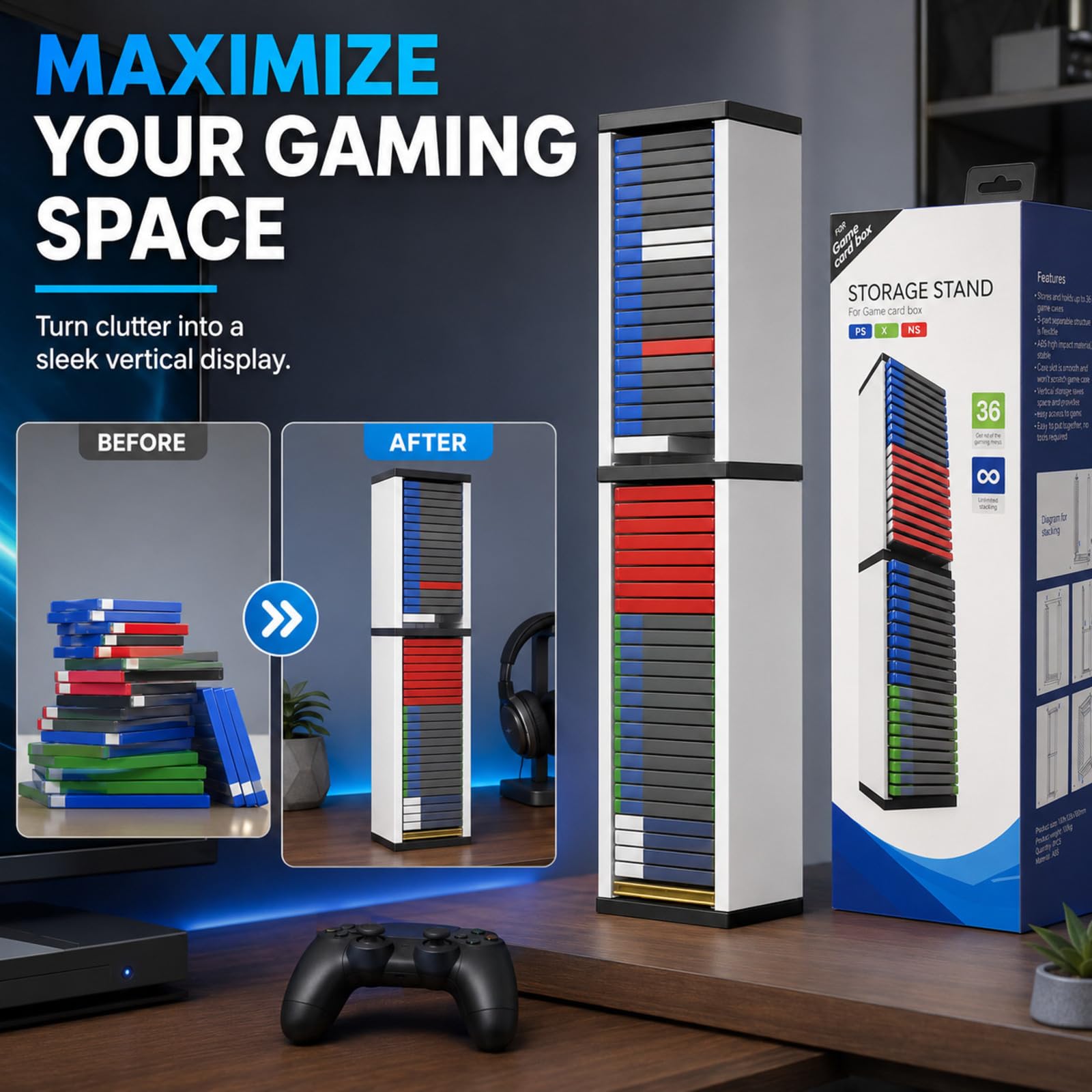 Soporte de torre de almacenamiento universal para videojuegos, capacidad para 36 juegos, organizador multifuncional para PS5, PS4, Xbox Series X/S, estuches de juegos Switch, DVD y discos