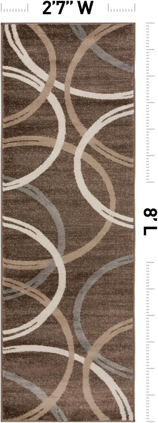 Rugshop Modern Wavy Circles Design Runner Rug, Carpet with Jute Backing for Hallway, Entryway, or Kitchen, Brown, 2'7" x 8'