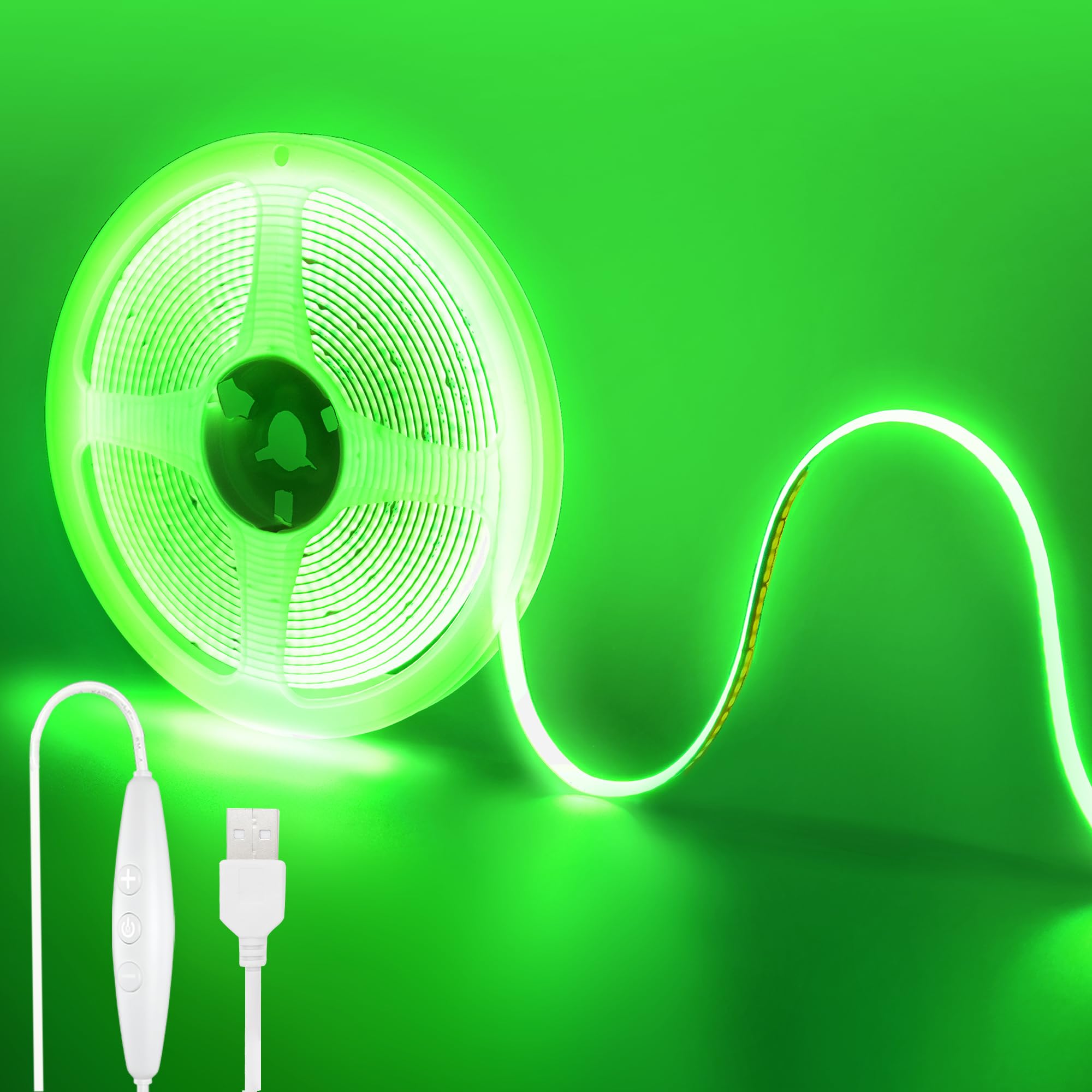 Clearhill Green 5V Usb Cob Led Strip Lights With Dimmable Switch,6.56Ft/2M,,320Leds/M,8Mm Width,Not Waterproof Ip20,1.5M Usb Switch Cable,For Diy Home Indoor Decoration