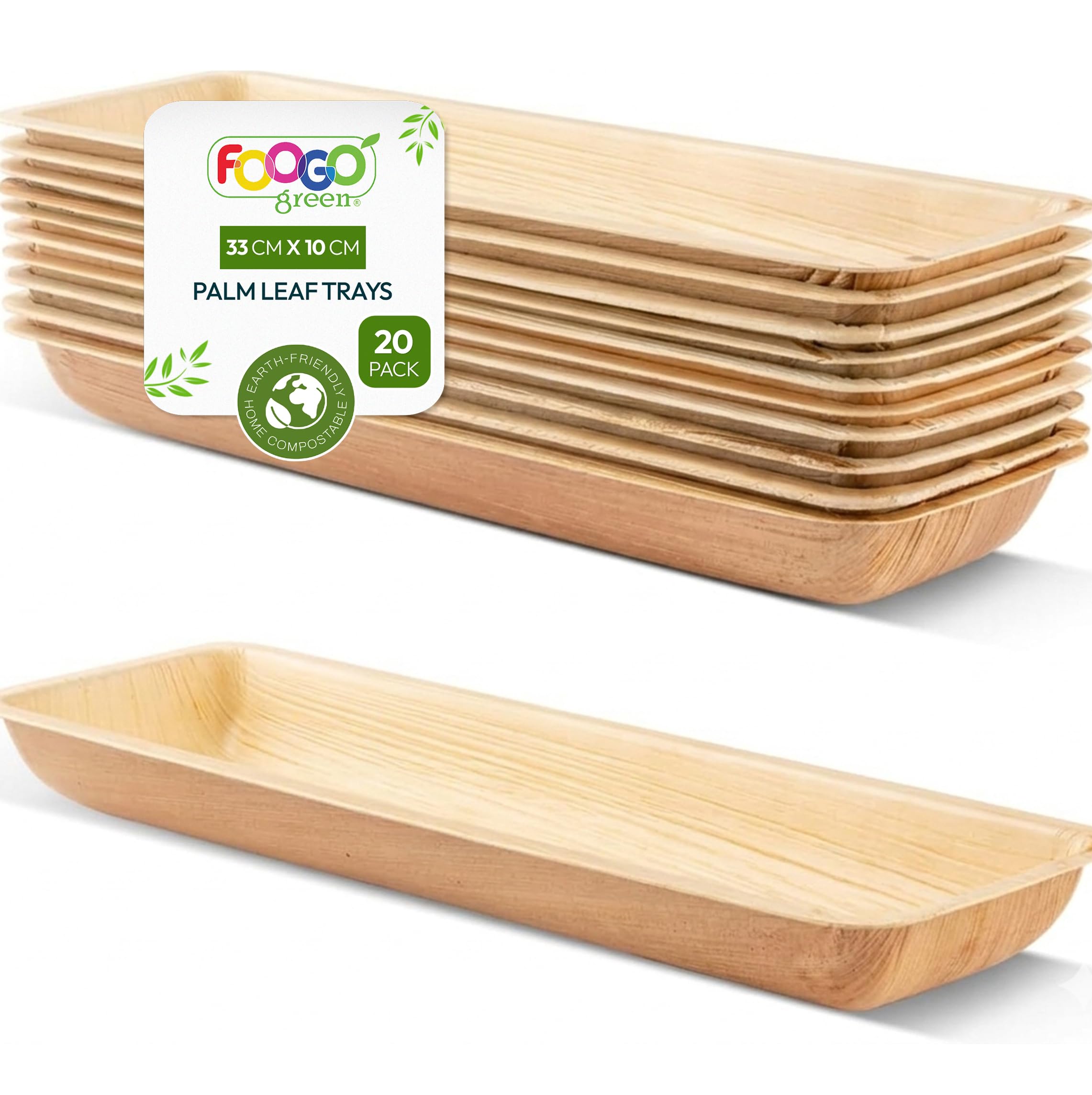 FOOGO Green 20 Disposable Palm Leaf Serving Trays, Large 13"x4" (33x10cm), for Sushi, Platters, Starters, Wedding Parties, Charcuterie Board, EcoFriendly, Biodegradable Like Wooden Trays for Hot Food
