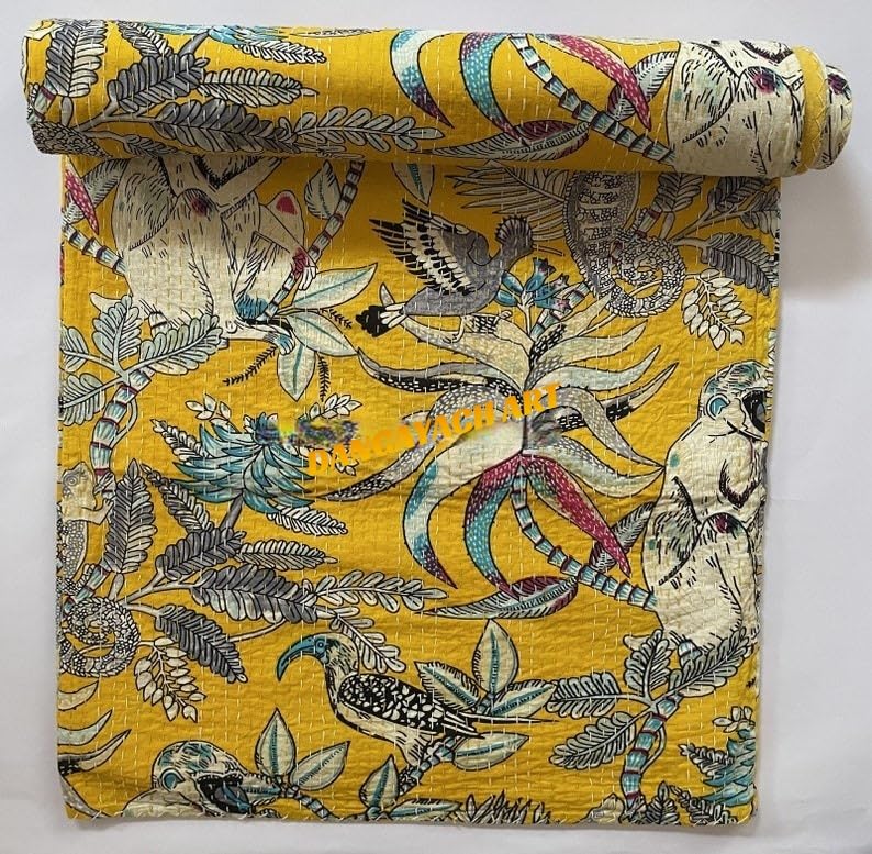 DANGAYACH ART Couvre-lit indien indien fait à la main avec imprimé singe Kantha, village Gudri, couvre-lit indien traditionnel taille (King 274,3 x 274,3 cm)