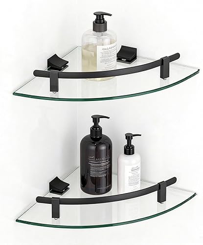 Miniatura 10 de Estante esquinero de vidrio para baño, estantes de ducha, paquete de 2 unidades, color negro, flotante, templado, esquinero para baño, organizador