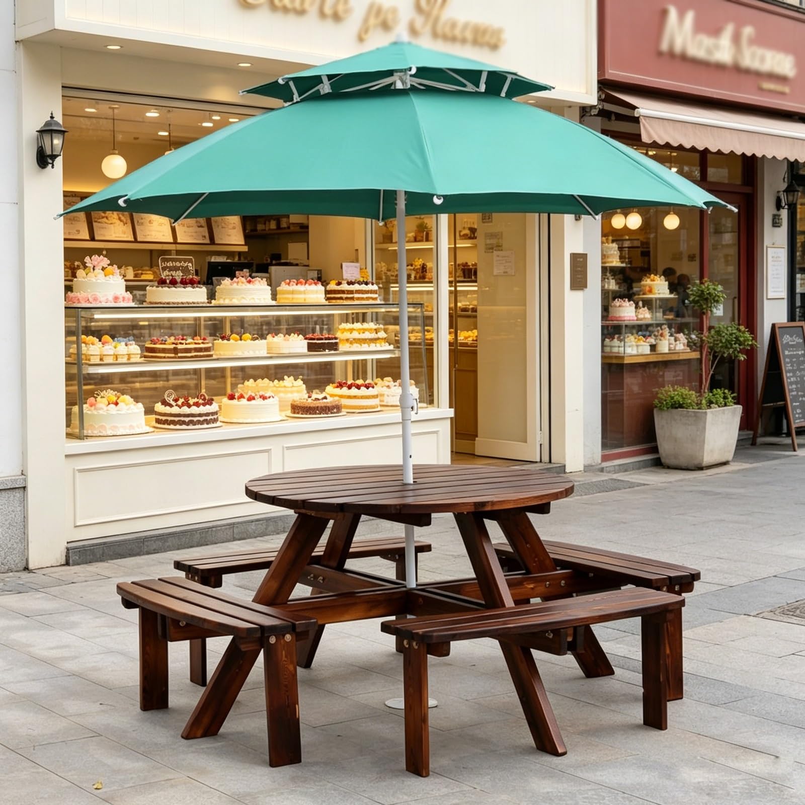 Tavolo da Picnic Rotondo All-in-one In Legno Massivo Carbonizzato, Tavolo da Esterno Resistente Per 8 Persone con 4 Panche Curve E Foro Ombrello 40mm Per Giardino