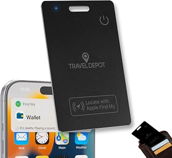 TRAVEL DEPOT Wallet Tracker Card Ultra-Thin Rechargeable Smart Card Tracker, Find My Compatible iOS Only, GPS Bluetooth Item Finder for Wallets, Luggage & Keys, 80-100dB Alert