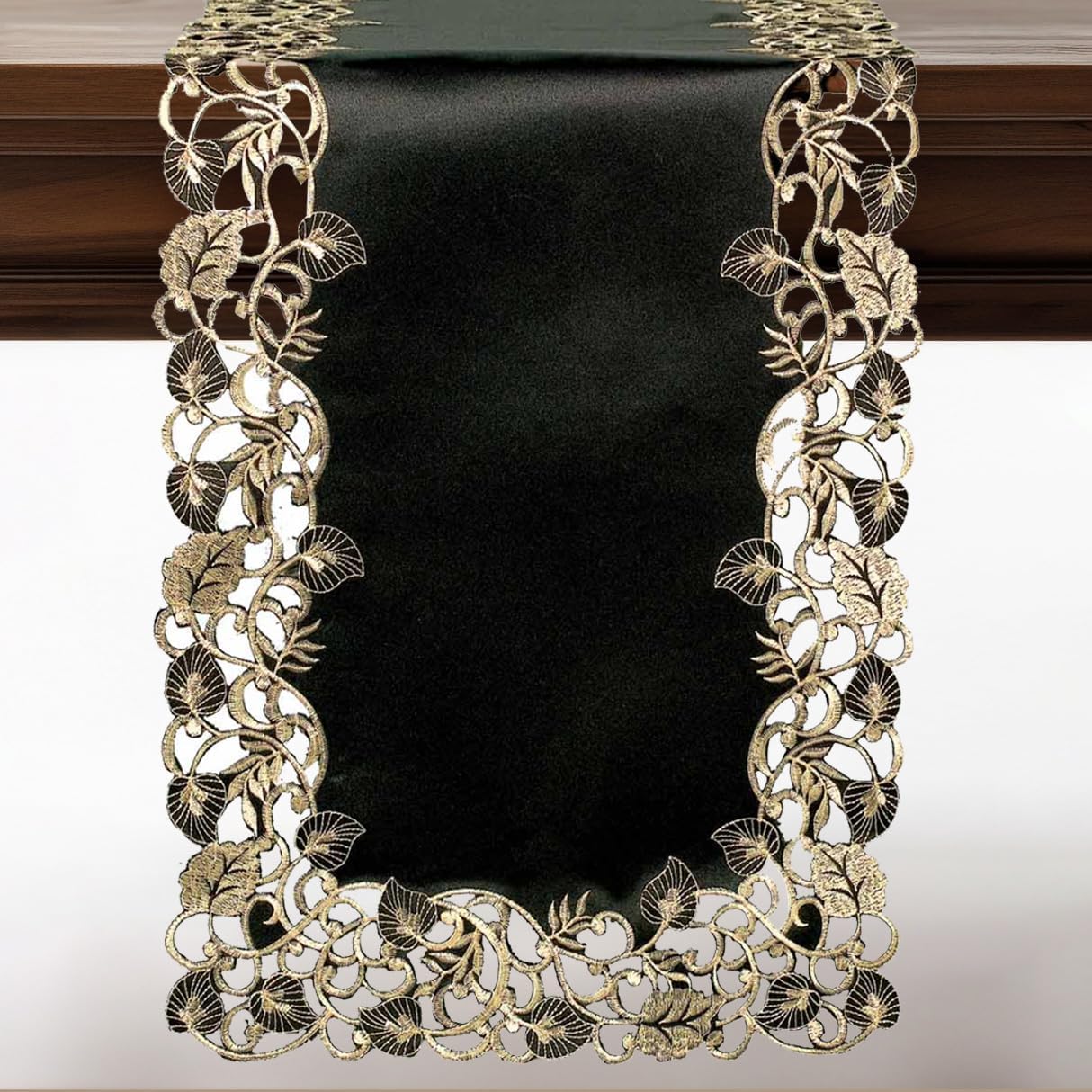 DECOZEN Gold Lace Black Christmas Table Runner – Embroidered Dining & Dresser Decor Scarf for Holiday Tables, Weddings & Parties – 14 x 108 in Elegant European Falling Tarantino Collection, Gift Idea