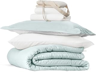 Merit Linens Ultimate College Essentials Bedding Bundle, Reversible Comforter Set, Solid Sheet Set, Pillows and Laundry Bag - TwinXL Aqua/Light Gray